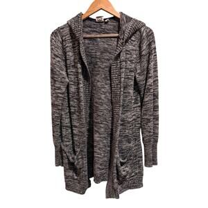 Roxy Gray Black Hooded Open Front Long Cardigan Pockets Size Large